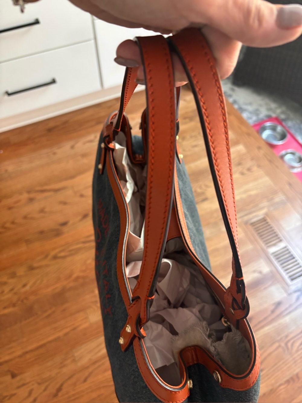 Gucci Dark Denim Tote with Tan Leather Trim and Orange Logo - Picture 3 of 10